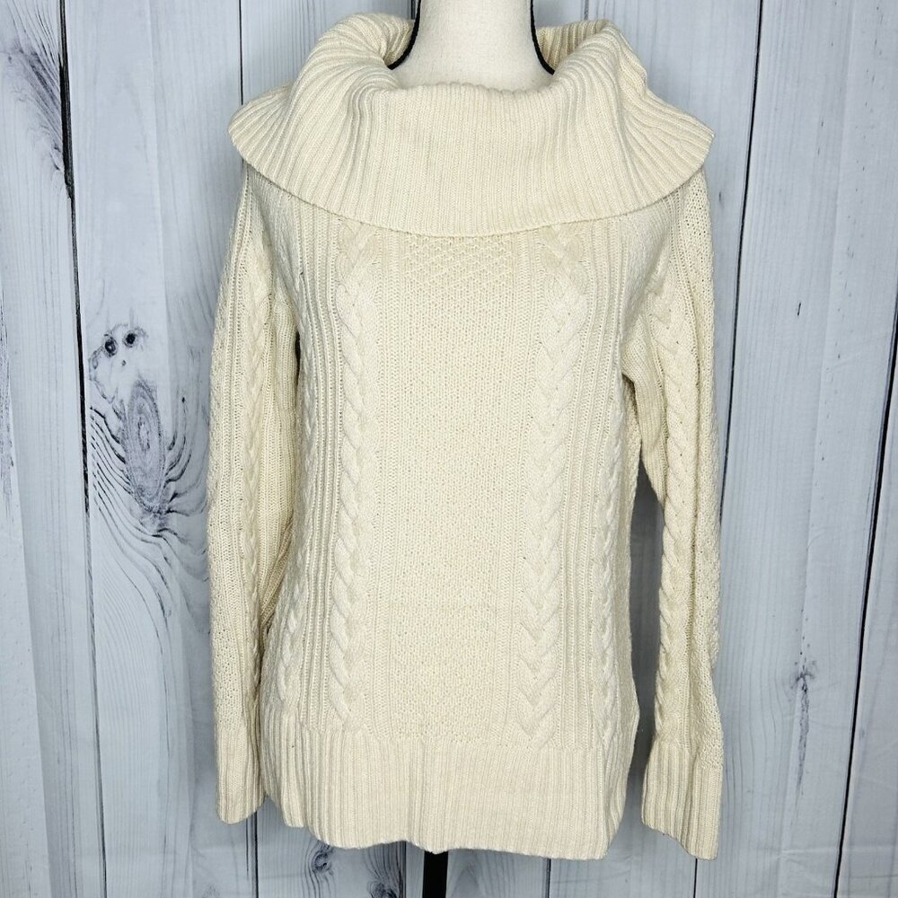 Brooks Brothers Cream Cable Knit Cowl Neck Merino Wool Camel Hair Sweater Sz M